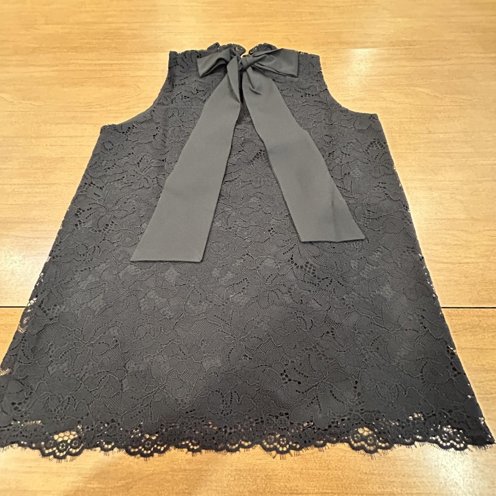 Anne Klein Blouse Womens XXS Black Lace High Neck Bow Sleeveless Lined‎ Top
